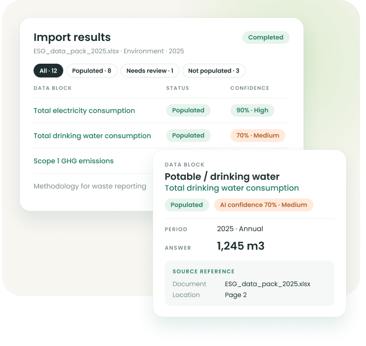 Import results showing confidence scores and a source reference